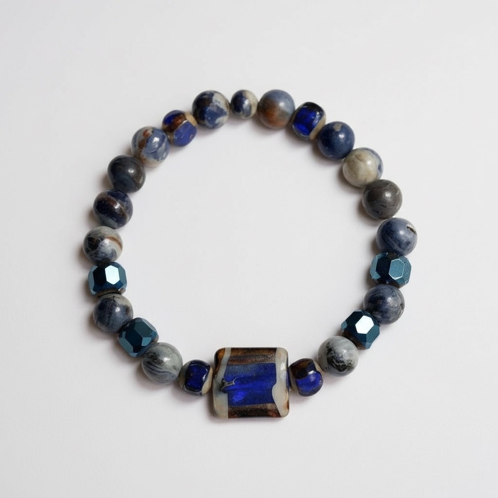 Handmade Sodalite Stretch Bracelet With Glass Lampwork Beads